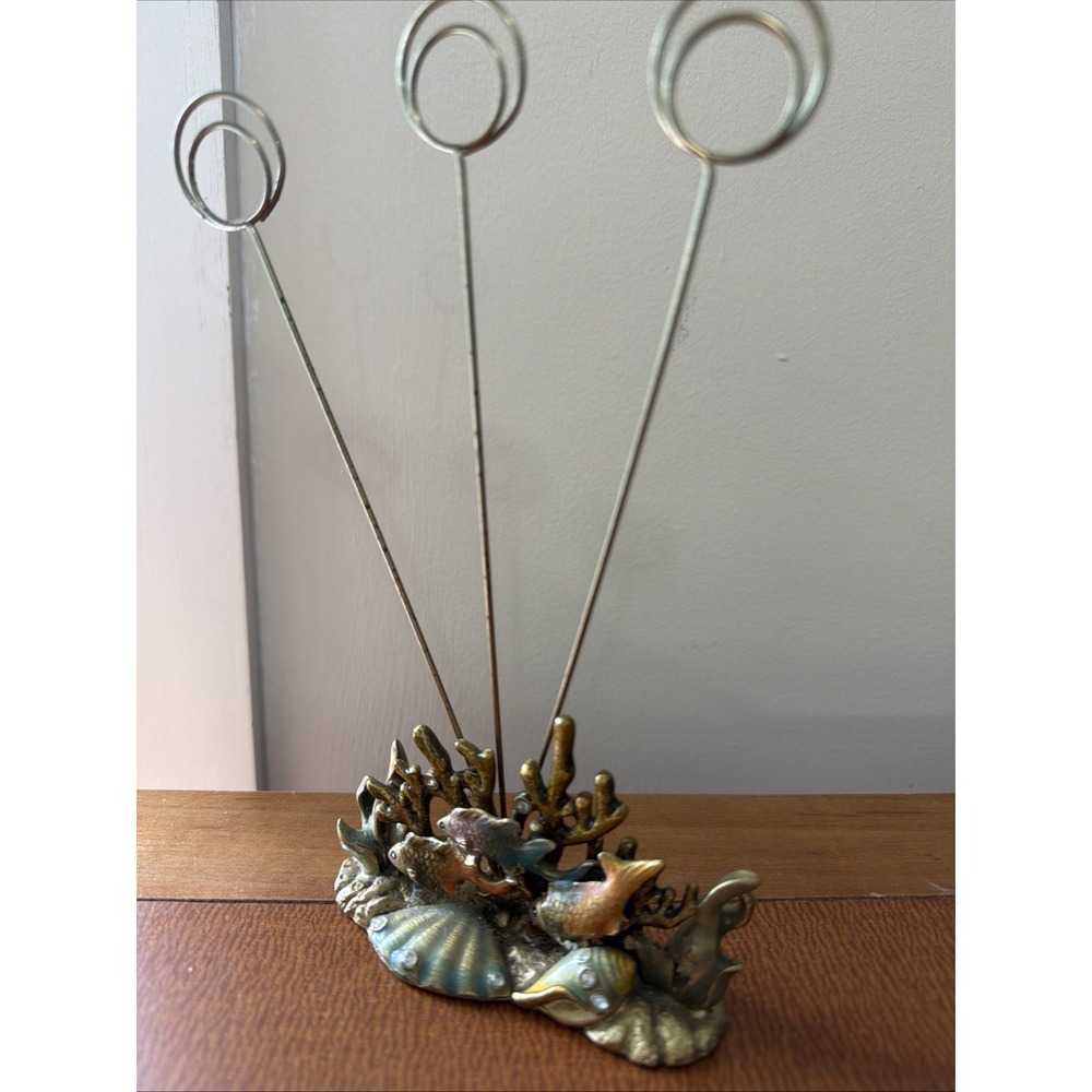 Beach Shells Coral Card Photo Memo Holder Metal Enamel Rhinestone Ornate Heavy